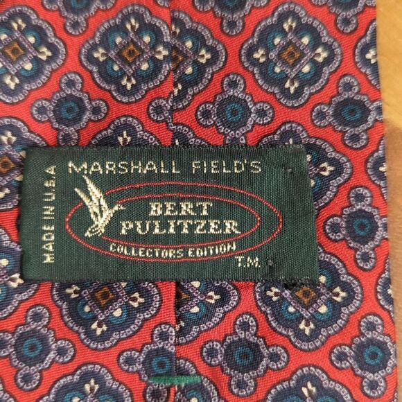 Bert Pulitzer Vintage tie Marshall Field's‎ red blue geometric 100% silk - Picture 3 of 5